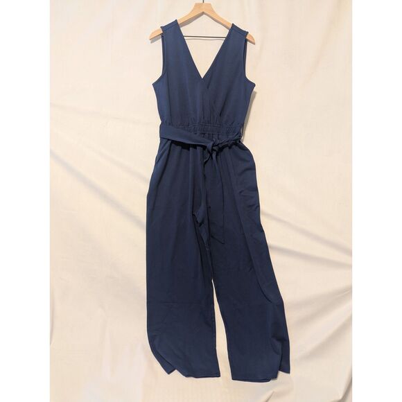 👗 The Drop M Sleeveless Wrap Jumpsuit Navy Stretch Knit @caralynmirand - Picture 5 of 6